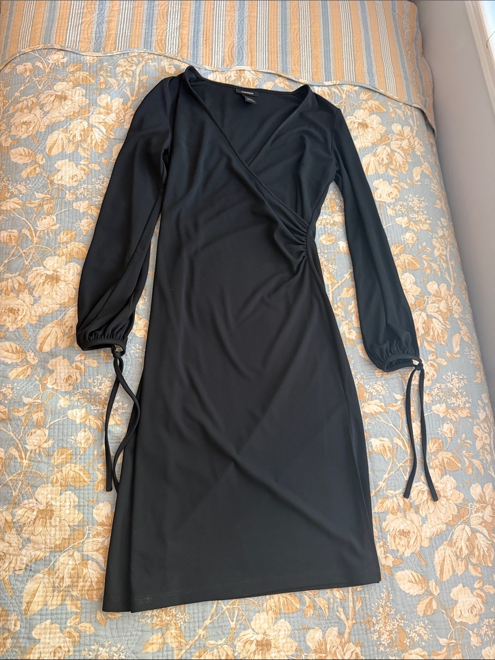 Express Black Long-Sleeve (faux) Wrap Style Dress w/Tie Cuffs